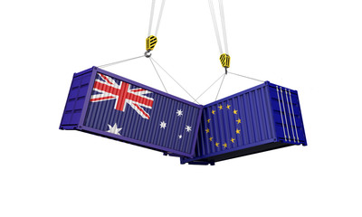 Australia and europe trade war concept. Clashing cargo containers. 3D Render