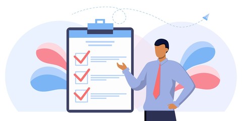 fill out form, for web banners, infographics, websites. Concept done job, checklist, long paper document to do list with checkboxes. Freelancer working, life work balance, time management