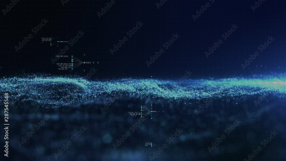 Poster Futuristic digitally generated motion graphic particles wave flowing abstract in cyber space technology de-focus background