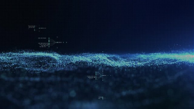Futuristic digitally generated motion graphic particles wave flowing abstract in cyber space technology de-focus background