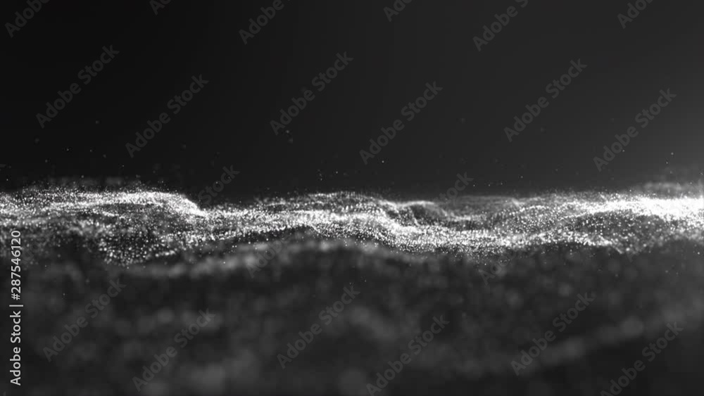 Poster Futuristic mysterious digitally generated motion graphic particles wave flowing abstract in cyber space technology de-focus background