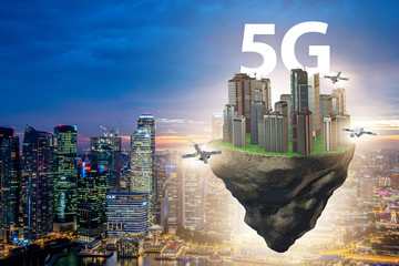 Concept of 5g technology with floating island