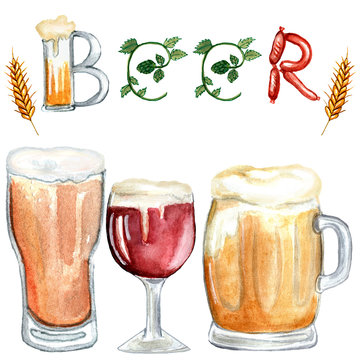 Oktoberfest background. Hand drawn, watercolor illustration, glasses of beer, food lettering. Oktoberfest design. Design for beer festival. Beer collection.