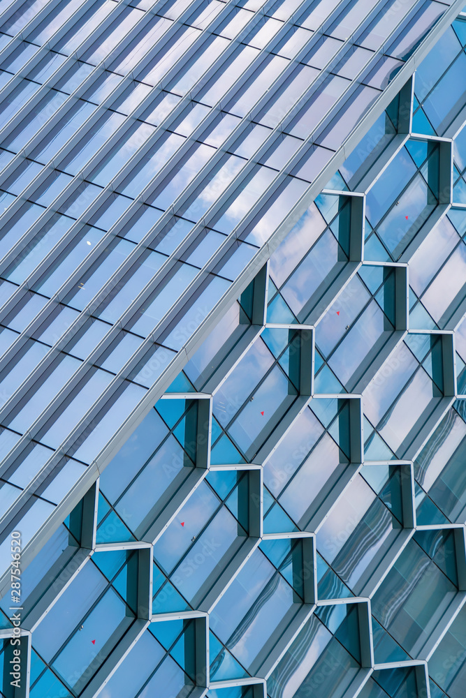Poster office buildings. structure of hexagon windows in futuristic technology network connection concept. 