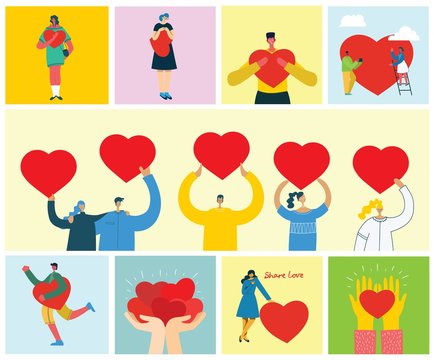 Share your Love. People with hearts as love massages. Vector illustration for Valentine's day in the modern flat style