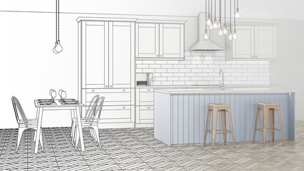 The interior of the kitchen in a private house. . Design project. Sketch. 3D rendering.