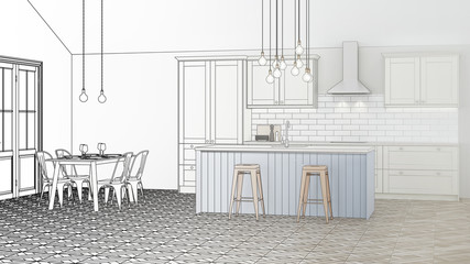 The interior of the kitchen in a private house. . Design project. Sketch. 3D rendering.