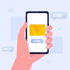 Hand holding smartphone with new message notification on screen. Mobile phone alert about new email. Send message, news, image, like, sms. Sharing multimedia, Vector cartoon design isolated