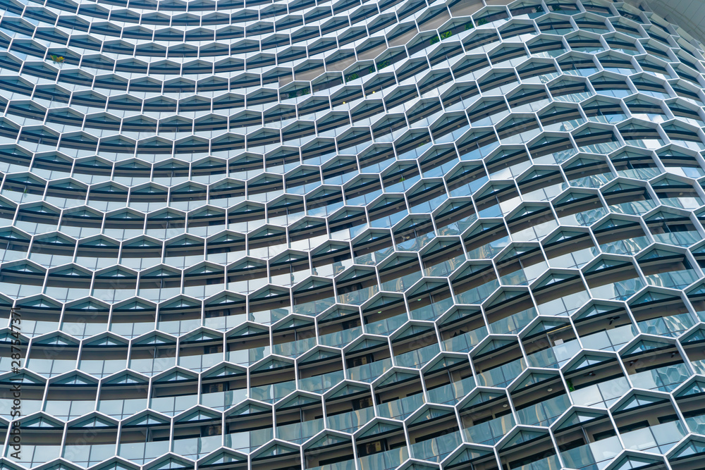 Poster office buildings. structure of hexagon windows in futuristic technology network connection concept. 