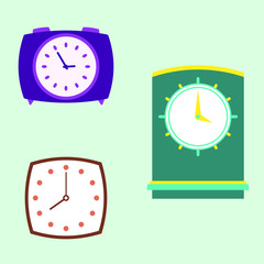 A set of simple, flat clocks: alarm clock, wall clock, table mechanical clock. Collection for interior decoration of houses and apartments