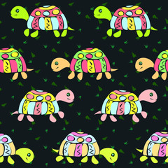 Cute, flat, colorful turtles follow each other, look in different directions on a dark background with grass. Seamless vector ornament in ethnic style