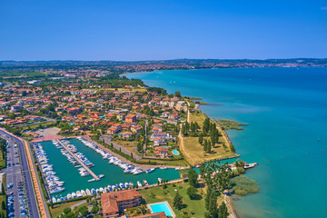 Panoramic view of the boat parking Sirmione 2. Aerial view.