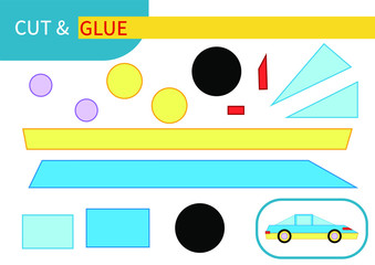 "Blue car racing" mini game "cut and glue" for learning, entertainment and education of children. Series "transport" - easy to print A4 and ready to use