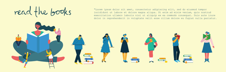 Vector concept illustrations of World Book Day, Reading the books and Book festival in the flat style. People sit, stand and walk and read a book