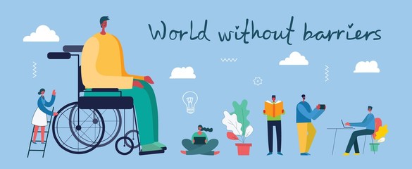 Vector background with disabled people, young invalid persons and men online education system. World without barriers. Flat cartoon characters.