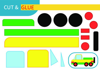 "Yellow and green pickup truck" mini-game "cut And glue" for learning, entertainment and education of children. Series "transport" - easy to print A4 and ready to use