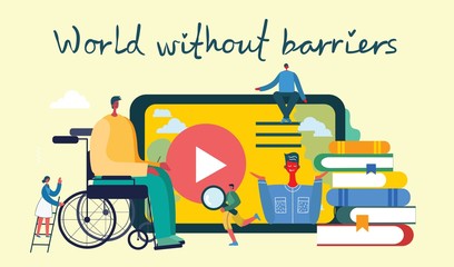 Vector background with disabled people, young invalid persons and men online education system. World without barriers. Flat cartoon characters.