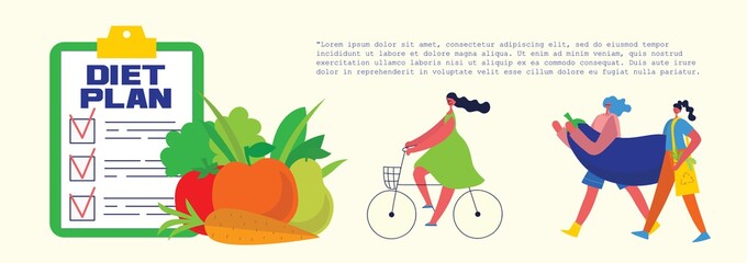 Food, diet, healthy lifestyle and weight loss banner with a dish of salad, table set and diet plan on a notebook