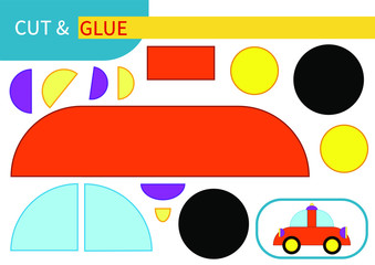 "Red retro car" mini game "cut and glue" for learning, entertainment and education of children. Series "transport" - easy to print A4 and ready to use
