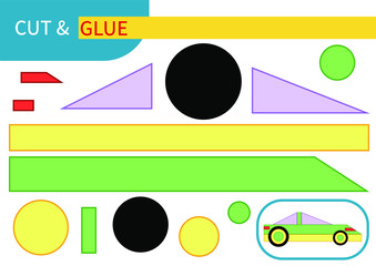 "Green and yellow car racing" mini game "cut and glue" for children's learning, entertainment and education. Series "transport" - easy to print A4 and ready to use