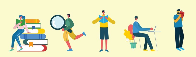 Vector illustration of the education concept.Different student characters who study in school or university