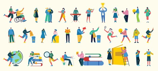 Bundle of cartoon men and women performing outdoor activities on city street. Flat colorful vector illustration people walking,standing, talking, running, jumping, sitting, dancing and doctors