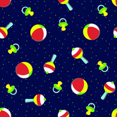 Bright neon children's toys: a ball, a pacifier, rattle on a dark background - seamless vector pattern