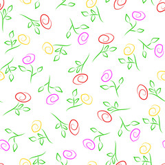 Vector seamless pattern: red, pink, yellow roses in Doodle style isolated on white background