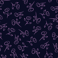 Simple roses in Doodle style on a dark background-seamless vector pattern. Lilac flowers are drawn with strokes and lines