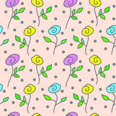 Hand-drawn, pink, blue, yellow roses on a light background. Seamless pattern in Doodle style