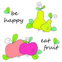 Ripe, delicious red, pink apples and yellow pears in Doodle style are isolated on white background. Illustration with berries drawn by hand