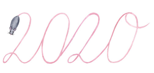 Watercolor hand drawn illustration with top view mouse (rat) with pink long tail as number 2020 isolated on white background 