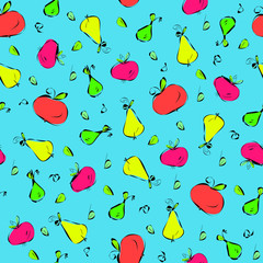Bright, multi-colored seamless pattern: red apples and yellow, green pears on blue background