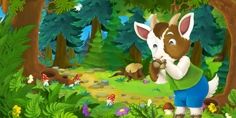 Obraz na płótnie Canvas Cartoon fairy tale scene with goat farmer on the meadow in the forest - illustration for children