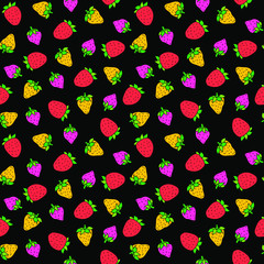 Doodle yellow, pink and red strawberry berries isolated on black background. Seamless vector pattern for printing and web pages