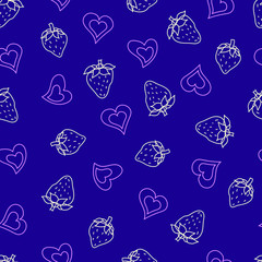 White strawberries, lilac hearts isolated on a dark blue background. Seamless vector pattern in Doodle style