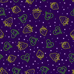 Yellow strawberries, green hearts and white spots are isolated on a dark lilac background. Seamless vector pattern in Doodle style