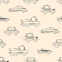 Outline sketches of cars on a light background - vector seamless pattern. Ornament for decoration of fabric, paper, ceramics and plastic