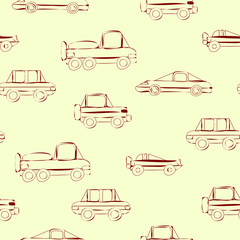 Outline drawing of cars: racing, cars, pick-up the car. Vector seamless pattern with auto on light yellow background