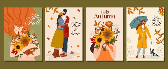 Fototapeta premium Collection of autumn cards. Vector illustration. Beautiful template. Can be used for banner, poster, card, postcard and print.
