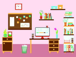 Workplace business person, freelancer in a modern office or office in the house. Interior: table, wardrobe, bedside table, rack, computer, books, plants, clock, Board with stickers