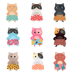 Fototapeta premium Set of different cartoon, cute kittens in stylish shorts. Vector illustration for calendar, card, banner, postcard and printable.