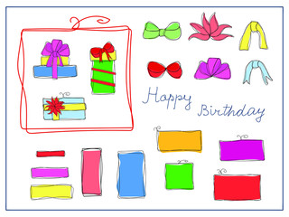 Designer: painted elements of gift boxes. Packing, bow, box, tape, frame, lettering. Large set of object parts isolated on white background