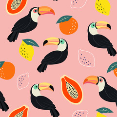Trendy pattern with toucan and abstract tropical fruits. Vector seamless texture.  © Tayisiya