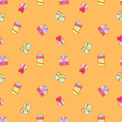 Hand-drawn multi-colored gift boxes with bows are isolated on a bright orange background. Seamless vector pattern for wrapping paper