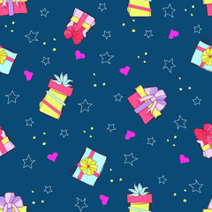 Hand-drawn multi-colored gift boxes, stars and hearts are isolated on a dark blue background. Seamless vector pattern