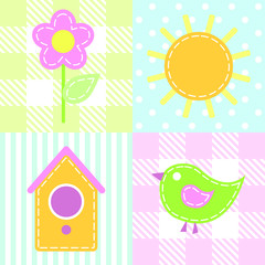 Fabric applique stitched on the colorful patchwork background: the sun, bird, birdhouse, flower. Vector seamless pattern