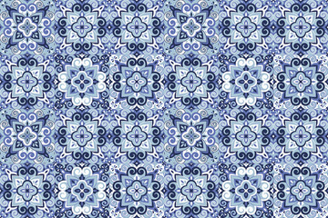 Azulejos ceramic tile design. Talavera tracery motif. Unique creative endless fill swatch. Portuguese, Spanish, Mexican, Brazilian folklore ornament. Ethnic style vector hand drawn seamless pattern.