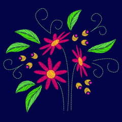 Embroidered bouquet of flowers, leaves, herbs, twigs and berries isolated on a dark background. Imitation handmade embroidery