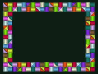 A rectangular frame of embroidered small multi-colored squares is located on a dark green background. Blank with copy space for social media